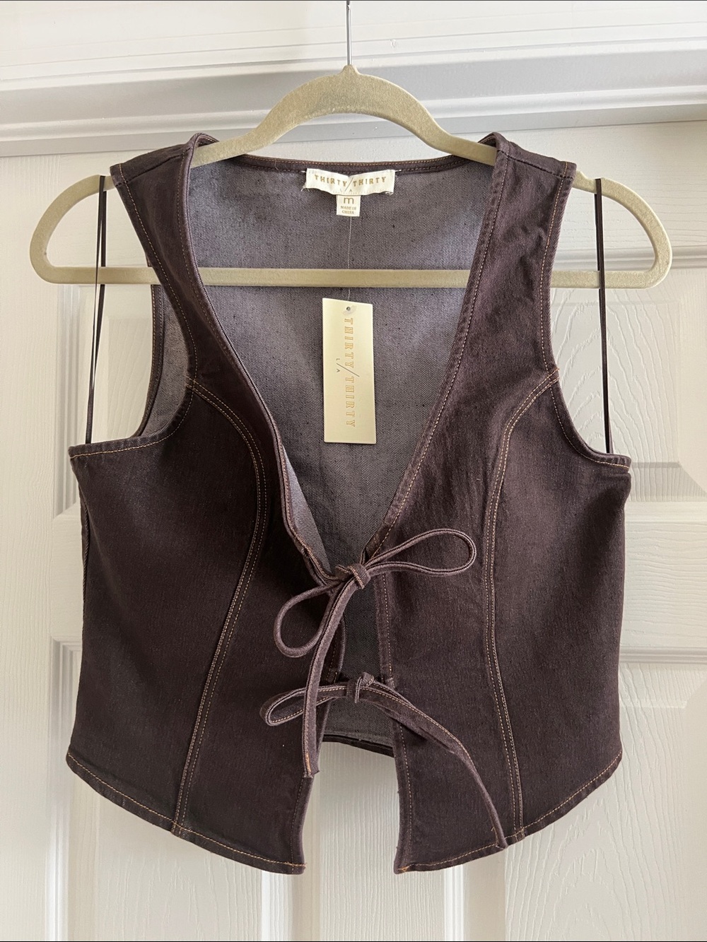 Thirfty Thirty Brown Jean Tie-Front Crop Vest